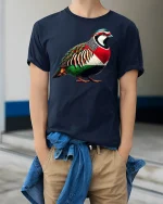 Colorful Partridge Bird T-Shirt - model wearing Navy T-shirt, hands in pockets, denim shirt at waist