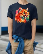 Vibrant Cougar Big Cat T-Shirt - model wearing Navy T-shirt, hands in pockets, denim shirt at waist