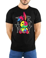 Colorful Patchwork Bunny Graphic T-Shirt - model with hands behind back, wearing Black T-shirt and blue jeans