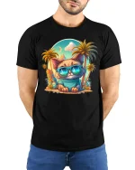 Cool Cat in Sunglasses Tropical Beach T-Shirt - model with hands behind back, wearing Black T-shirt and blue jeans