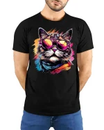 Retro Cool Cat Style T-Shirt - model with hands behind back, wearing Black T-shirt and blue jeans