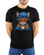 Hip Hop Cat DJ Hoodie T-Shirt - model with hands behind back, wearing Black T-shirt and blue jeans