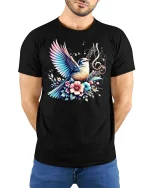 Singing Bird Music Notes Tee - model with hands behind back, wearing Black T-shirt and blue jeans