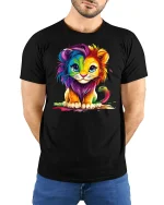 Colorful Baby Lion Art T-Shirt - model with hands behind back, wearing Black T-shirt and blue jeans