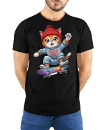 Cool Skater Cat Cartoon T-Shirt - model with hands behind back, wearing Black T-shirt and blue jeans
