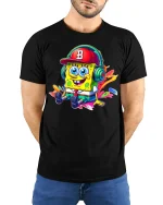 Funny Cartoon Sponge T-Shirt - model with hands behind back, wearing Black T-shirt and blue jeans