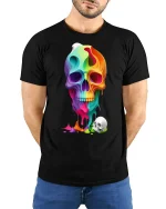 Colorful Melting Skull T-Shirt - model with hands behind back, wearing Black T-shirt and blue jeans