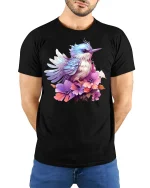 Colorful Bird and Flowers T-Shirt - model with hands behind back, wearing Black T-shirt and blue jeans