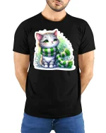 Winter Cat with Scarf T-Shirt - model with hands behind back, wearing Black T-shirt and blue jeans