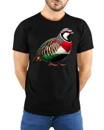 Colorful Partridge Bird T-Shirt - model with hands behind back, wearing Black T-shirt and blue jeans