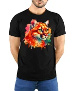Vibrant Cougar Big Cat T-Shirt - model with hands behind back, wearing Black T-shirt and blue jeans
