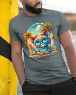 Cool Cat in Sunglasses Tropical Beach T-Shirt - model leaning on yellow-black pole, wearing Gray T-shirt, hand in pocket