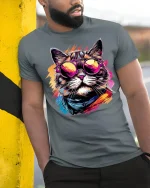 Retro Cool Cat Style T-Shirt - model leaning on yellow-black pole, wearing Gray T-shirt, hand in pocket