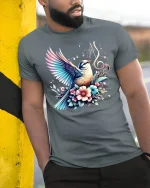 Singing Bird Music Notes Tee - model leaning on yellow-black pole, wearing Gray T-shirt, hand in pocket