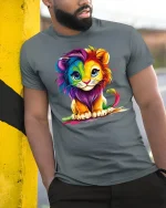 Colorful Baby Lion Art T-Shirt - model leaning on yellow-black pole, wearing Gray T-shirt, hand in pocket