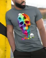 Colorful Melting Skull T-Shirt - model leaning on yellow-black pole, wearing Gray T-shirt, hand in pocket