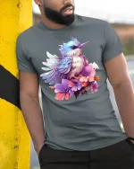 Colorful Bird and Flowers T-Shirt - model leaning on yellow-black pole, wearing Gray T-shirt, hand in pocket