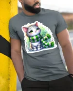 Winter Cat with Scarf T-Shirt - model leaning on yellow-black pole, wearing Gray T-shirt, hand in pocket