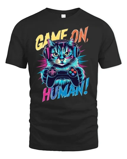 Game On Human Funny Cat T-Shirt - black t-shirt on white background