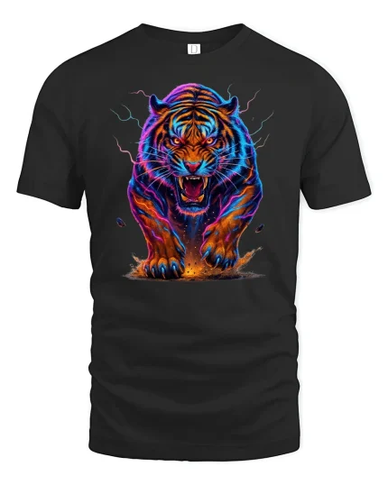 Neon Tiger Power Graphic Tee - black t-shirt on white background