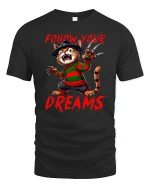 Follow Your Dreams Funny Freddy Cat Tee - black t-shirt on white background