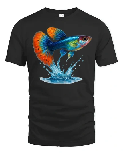 Colorful Guppy Splash Fish T-Shirt - black t-shirt on white background