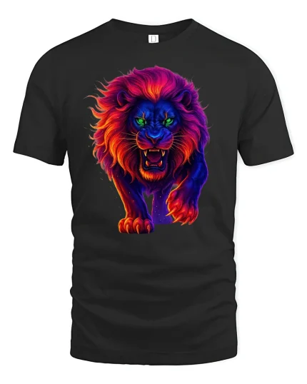 Neon Flame Lion Roaring T-Shirt - black t-shirt on white background
