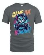 Game On Human Funny Cat T-Shirt - gray t-shirt on white background