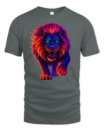 Neon Flame Lion Roaring T-Shirt - gray t-shirt on white background