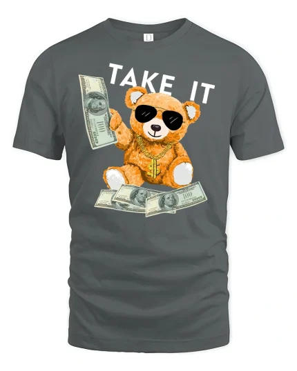 Money Bear Graphic T-Shirt - gray t-shirt on white background