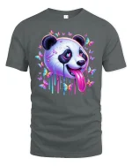 Trippy Panda T-Shirt with Colorful Butterflies - gray t-shirt on white background