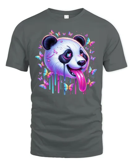 Trippy Panda T-Shirt with Colorful Butterflies - gray t-shirt on white background