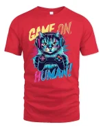 Game On Human Funny Cat T-Shirt - red t-shirt on white background
