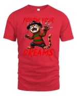 Follow Your Dreams Funny Freddy Cat Tee - red t-shirt on white background