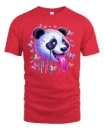 Trippy Panda T-Shirt with Colorful Butterflies - red t-shirt on white background