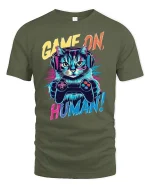 Game On Human Funny Cat T-Shirt - military green t-shirt on white background