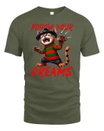 Follow Your Dreams Funny Freddy Cat Tee - military green t-shirt on white background