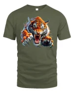Roaring Tiger Attack Graphic T-Shirt - military green t-shirt on white background