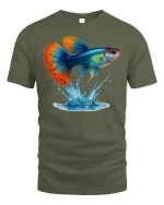 Colorful Guppy Splash Fish T-Shirt - military green t-shirt on white background