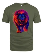 Neon Flame Lion Roaring T-Shirt - military green t-shirt on white background