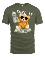 Money Bear Graphic T-Shirt - military green t-shirt on white background
