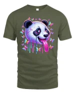 Trippy Panda T-Shirt with Colorful Butterflies - military green t-shirt on white background