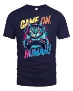 Game On Human Funny Cat T-Shirt - navy t-shirt on white background