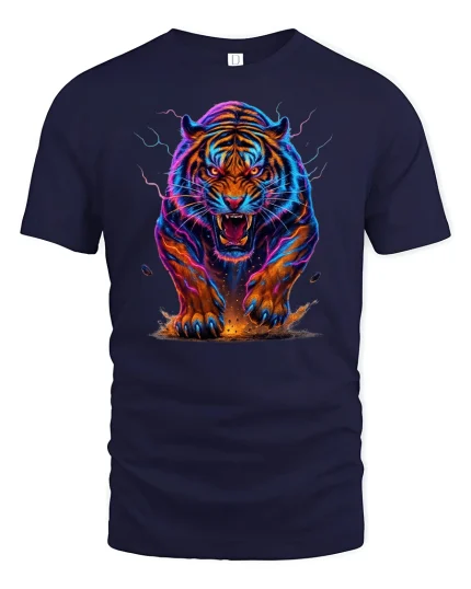 Neon Tiger Power Graphic Tee - navy t-shirt on white background