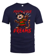 Follow Your Dreams Funny Freddy Cat Tee - navy t-shirt on white background
