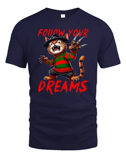 Follow Your Dreams Funny Freddy Cat Tee - navy t-shirt on white background