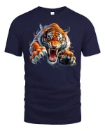 Roaring Tiger Attack Graphic T-Shirt - navy t-shirt on white background