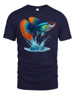 Colorful Guppy Splash Fish T-Shirt - navy t-shirt on white background