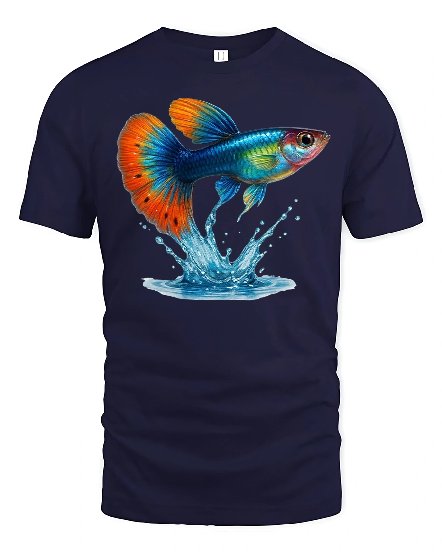 Colorful Guppy Splash Fish T-Shirt - 1 Colorful Guppy Splash Fish T-Shirt - navy t-shirt on white background