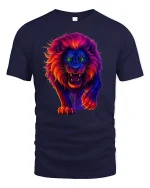 Neon Flame Lion Roaring T-Shirt - navy t-shirt on white background
